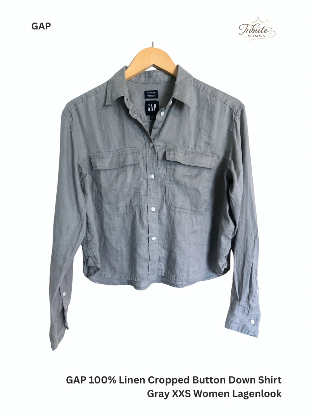 GAP 100% Linen Cropped Button Down Shirt Gray XXS Women Lagenlook